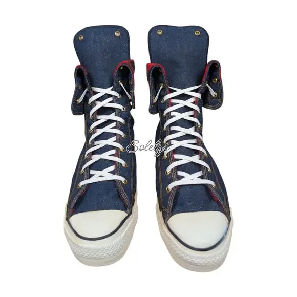 Converse 1987 Vtg NeeHi Calf High XHI USA Made Denim Fold Plaid Sneaker Mens 11 - Picture 2 of 14